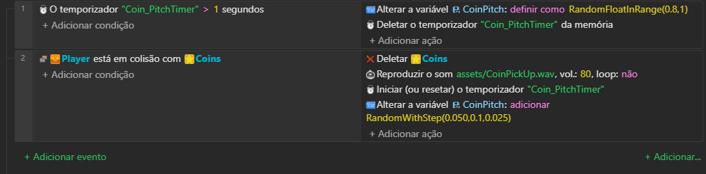 Uma folha de eventos do Assemble3: quando o jogador encosta em uma moeda, a moeda é removida e um som de moeda toca.